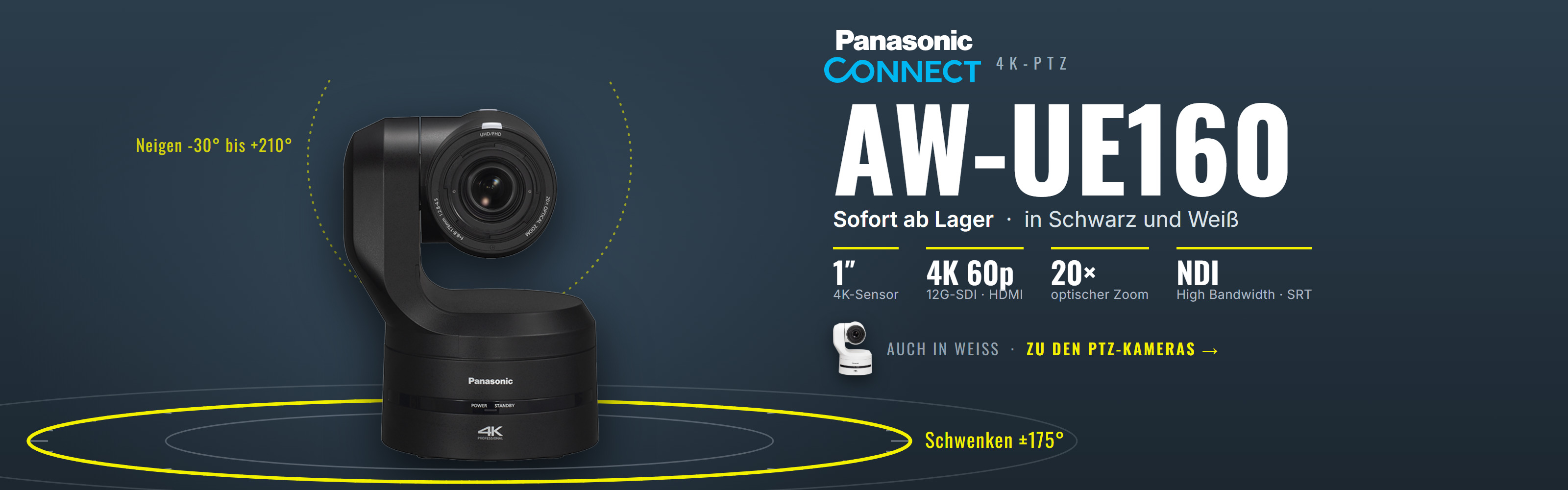 Panasonic AW-UE160 - 4K-PTZ-Kamera in Schwarz und Weiss, sofort ab Lager