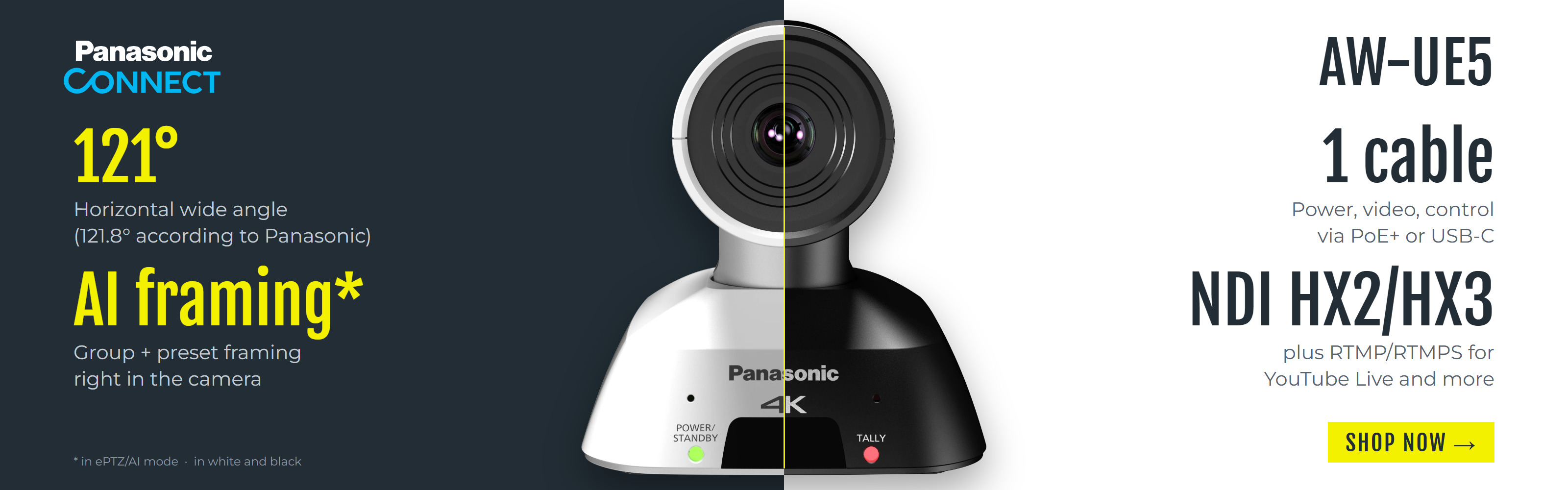 Panasonic AW-UE5 - 4K PTZ with 121 degree wide angle and AI framing, in white and black