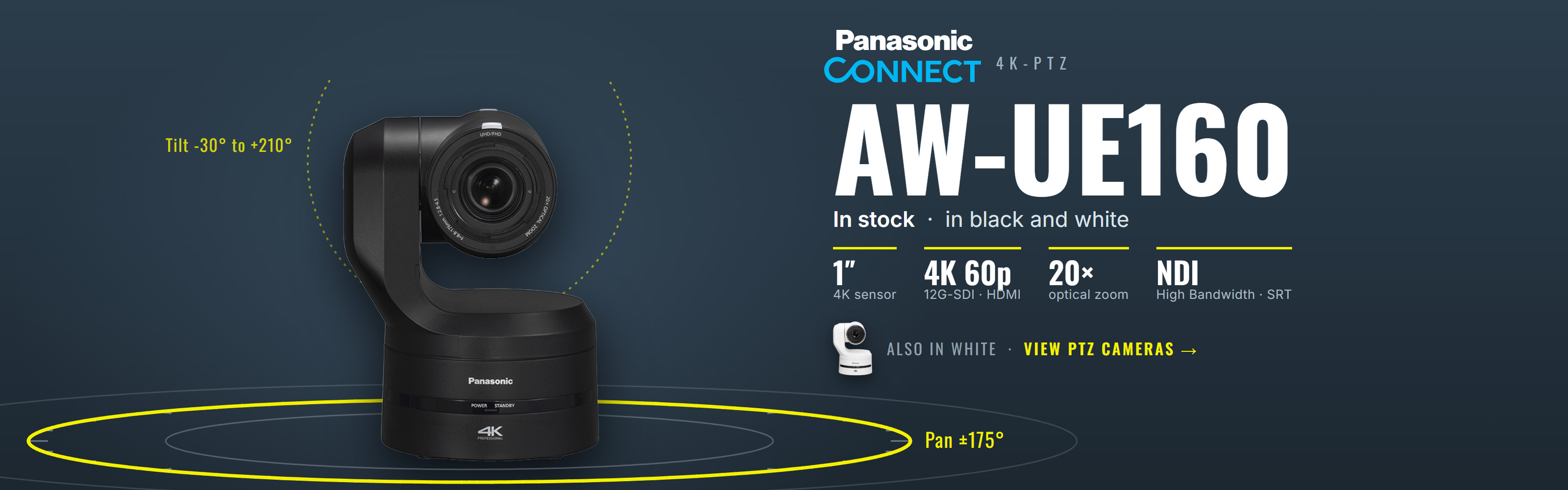 Panasonic AW-UE160 - 4K PTZ camera in black and white, in stock